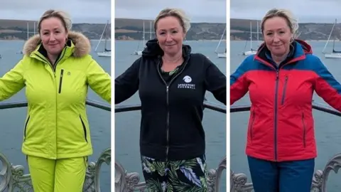 BBC Three shots of Zoe Kleinman side-by-side. They are identical but for her clothing, with a seaside background. On the left, she is wearing a bright yellow ski suit. In the middle, a black hoodie. On the right, a red and blue jacket. It is incredibly difficult to tell which is the original.