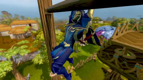 Jagex A character in the video game RuneScape. It has cartoony graphics reminiscent of games from 15 years ago. The character is wearing a blue and gold suit of armour and appears to be doing pull-ups on a wooden beam.