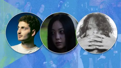 BBC Charlie Floyd, Eternal Rin and Heidi Curtis are in bubbles surrounded by a blue background with other bands silhouettes.