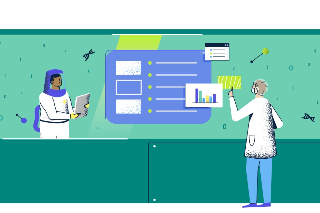 Illustration of  people looking at workflow chart