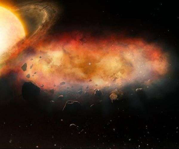 Metal rich winds detected in giant dusty cloud around distant star