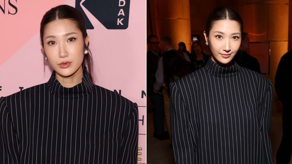 Ejae Updates the Office Siren Trend in a Mugler Pinstripe Tunic