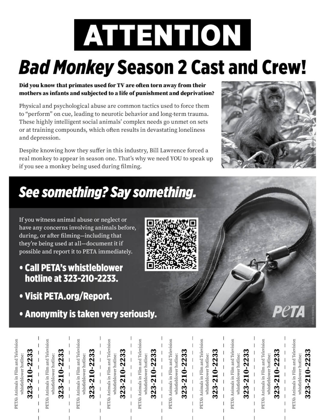 See Something? Say Something! Bad Monkey Cast and Crew Urged to Report Animal Abuse to PETA