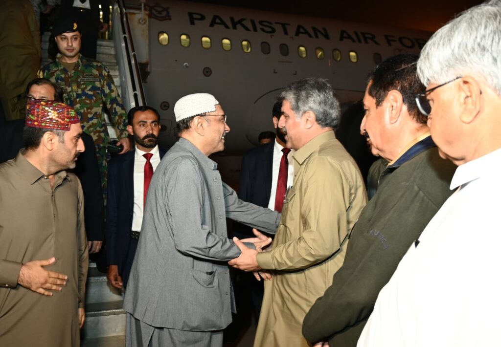 President Asif Ali Zardari being received by Deputy Speaker National Assembly, Syed Ghulam Mustafa Shah upon his arrival at Nawabshah Airport