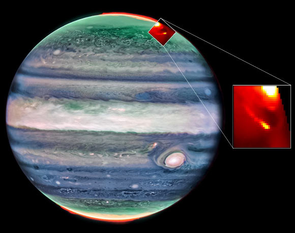 Webb Captures Io’s and Europa’s Auroral Footprints in Jupiter’s Atmosphere